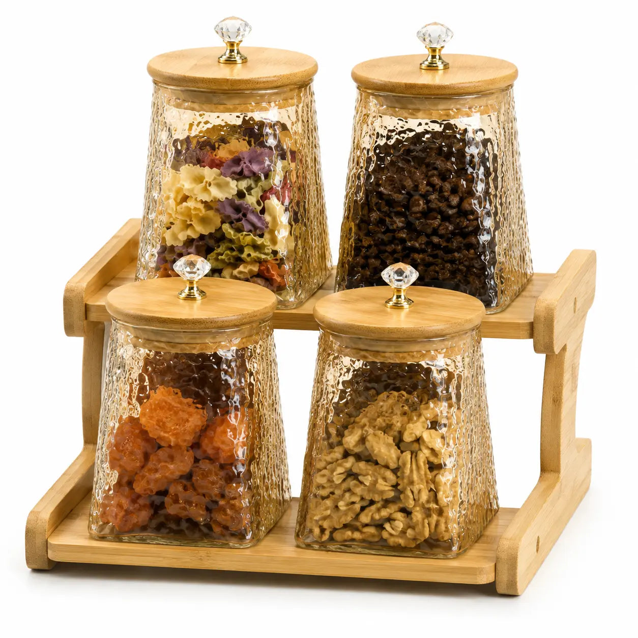 4-Piece Textured Glass Storage Jar Set with 2-Tier Bamboo Stand