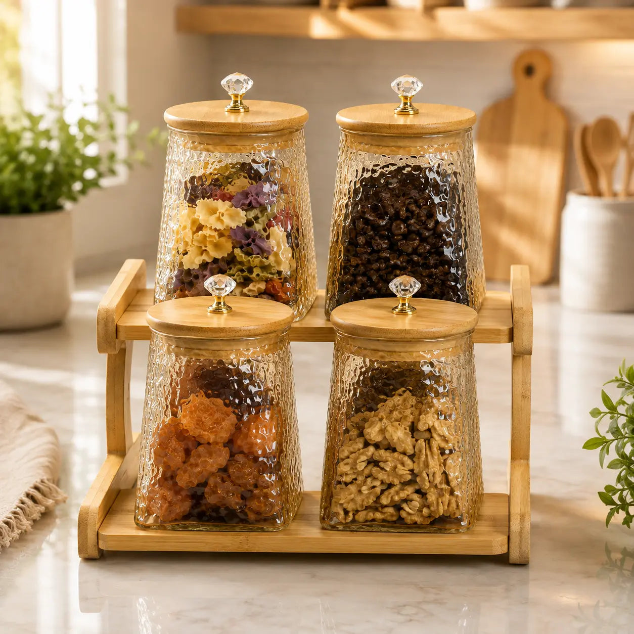 4-Piece Textured Glass Storage Jar Set with 2-Tier Bamboo Stand