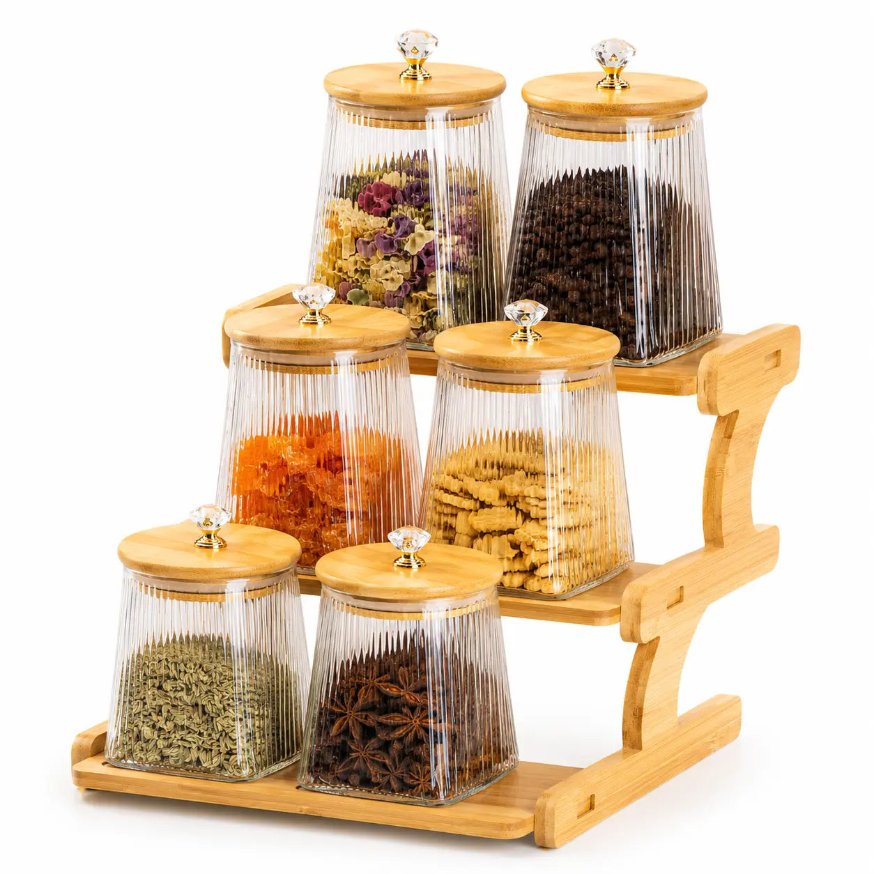 6-Piece Ribbed Glass Storage Jar Set with 3-Tier Bamboo Rack