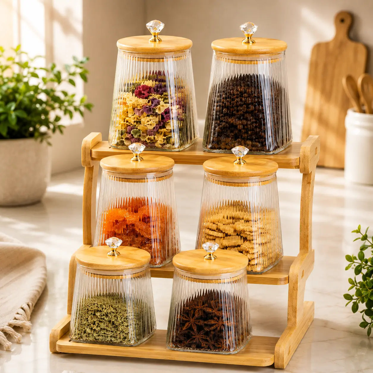 6-Piece Ribbed Glass Storage Jar Set with 3-Tier Bamboo Rack