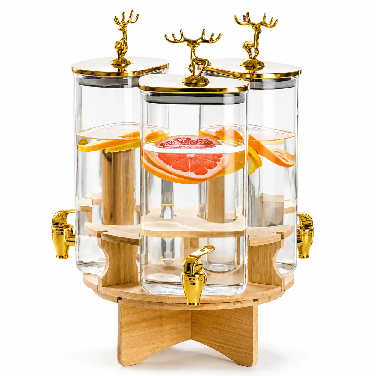 3-Piece Glass Beverage Dispenser Set with Bamboo Stand & Golden Deer Lids