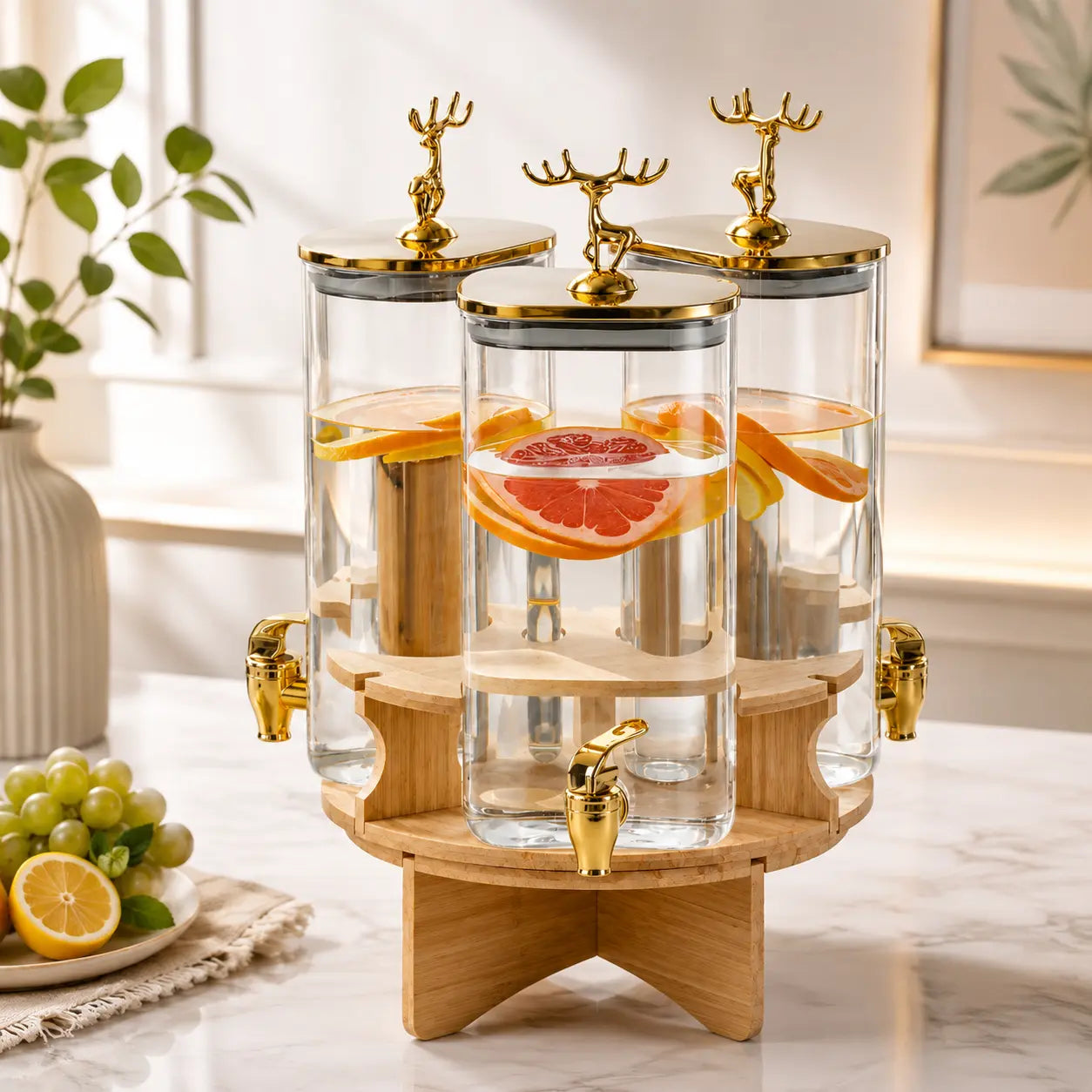 3-Piece Glass Beverage Dispenser Set with Bamboo Stand & Golden Deer Lids