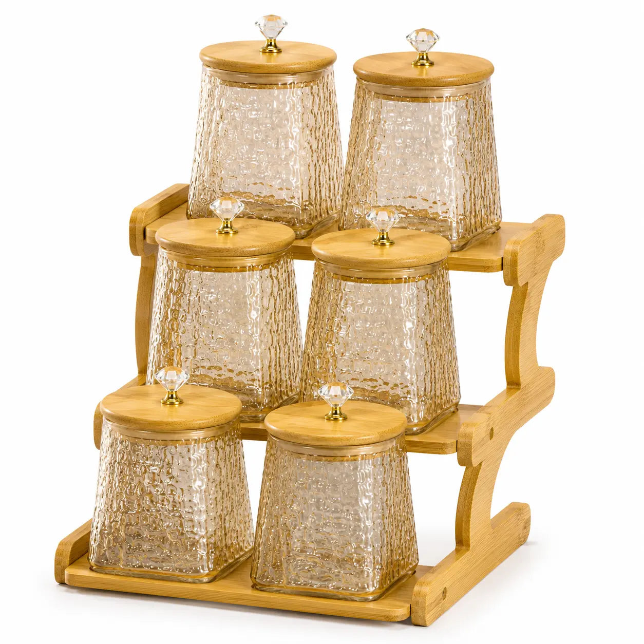 6-Piece Textured Glass Storage Jar Set with 3-Tier Bamboo Stand