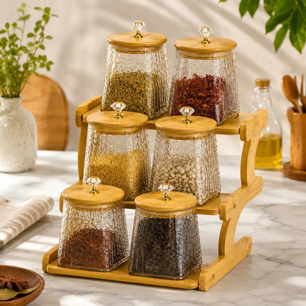 6-Piece Textured Glass Storage Jar Set with 3-Tier Bamboo Stand