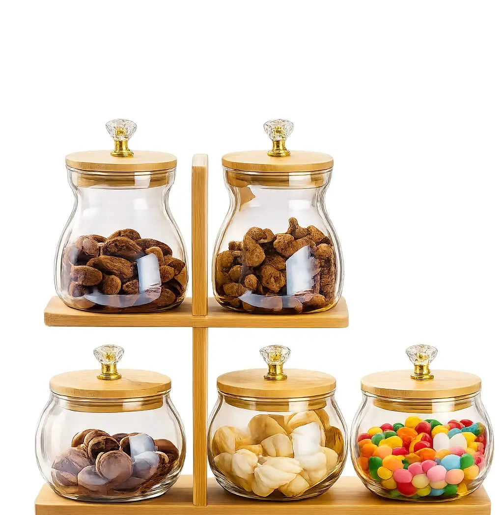 5-Piece Glass Dry Fruit & Snack Jar Set with Bamboo Stand & Crystal Knob Lids