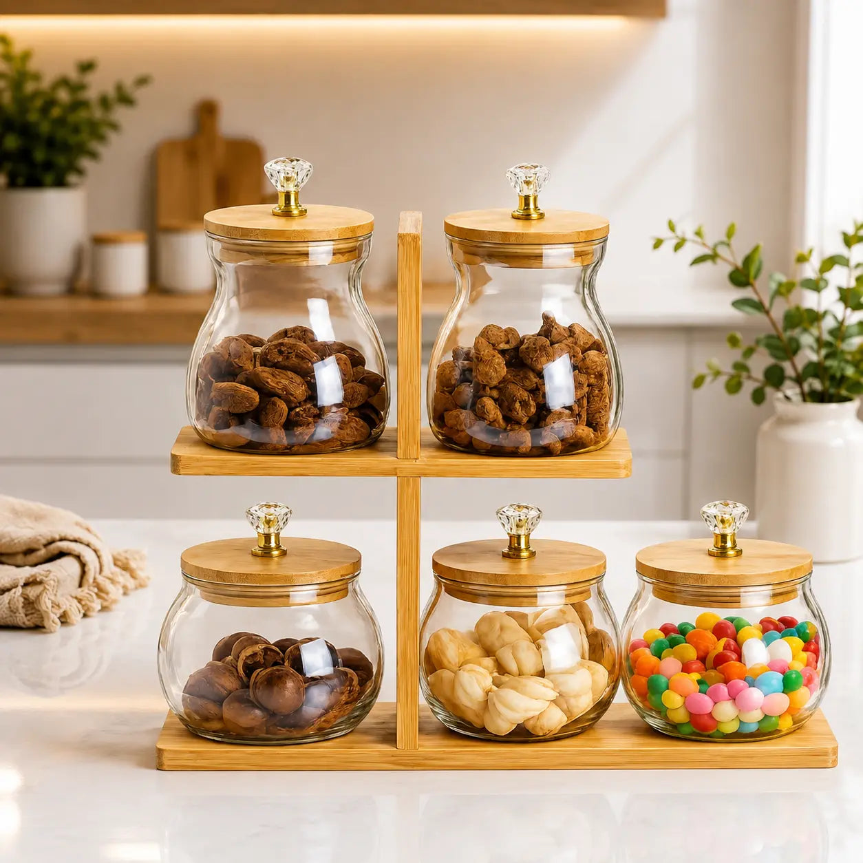 5-Piece Glass Dry Fruit & Snack Jar Set with Bamboo Stand & Crystal Knob Lids