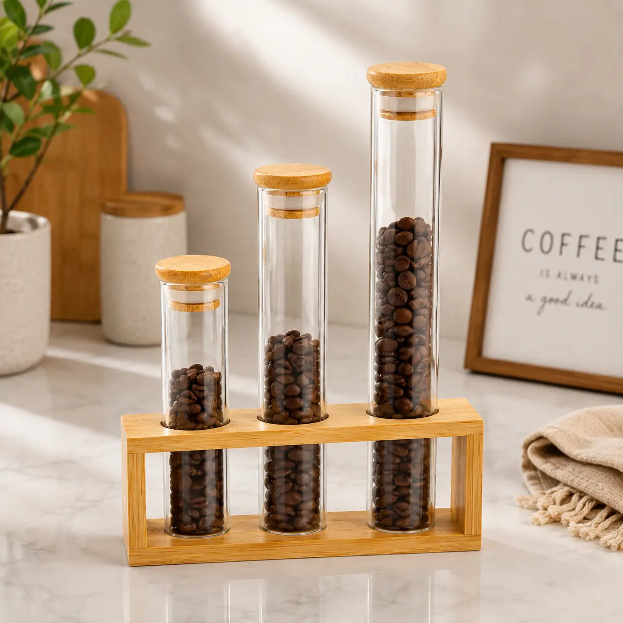 3-Piece Tall Glass Storage Tube Set with Bamboo Stand