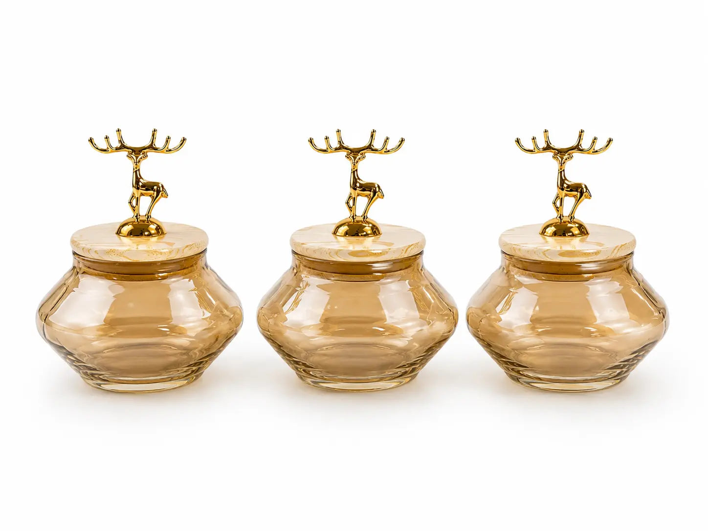 3-Piece Amber Glass Storage Jar Set with Luxury Golden Deer Handles