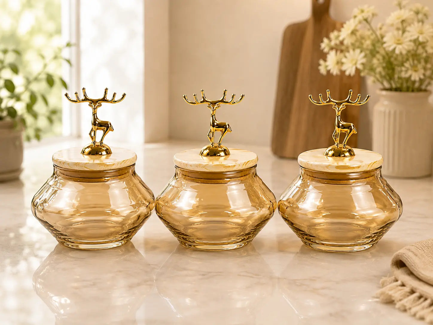 3-Piece Amber Glass Storage Jar Set with Luxury Golden Deer Handles