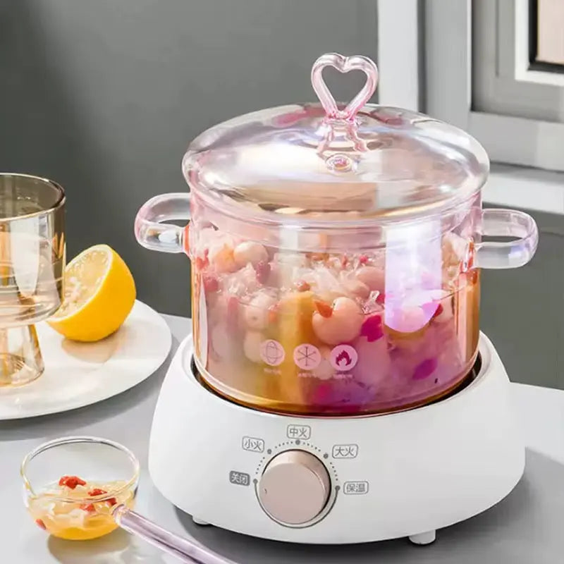 Pink Transparent Cooking Pot with Heart Lid Heat Resistant Glass Pot