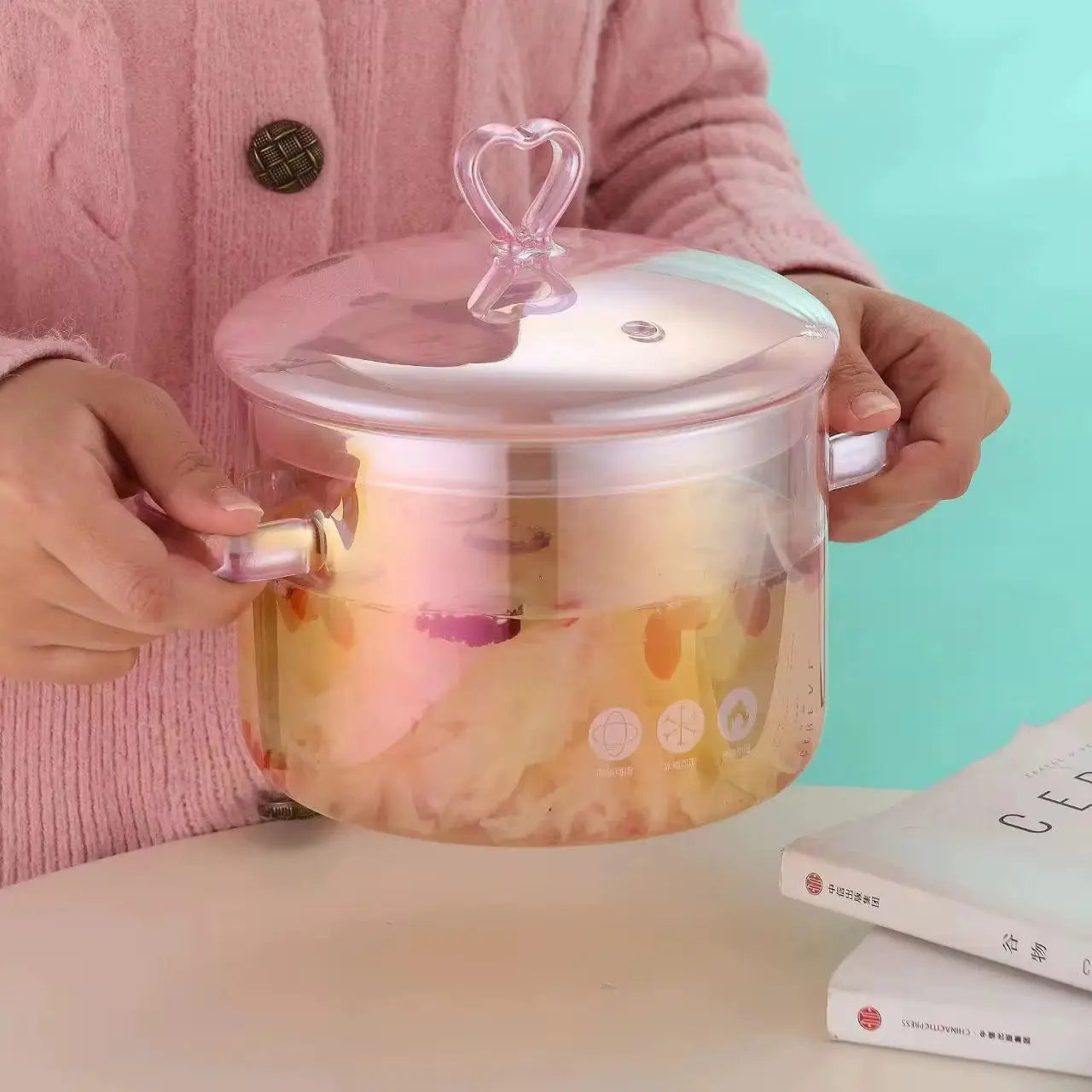 Pink Transparent Cooking Pot with Heart Lid Heat Resistant Glass Pot