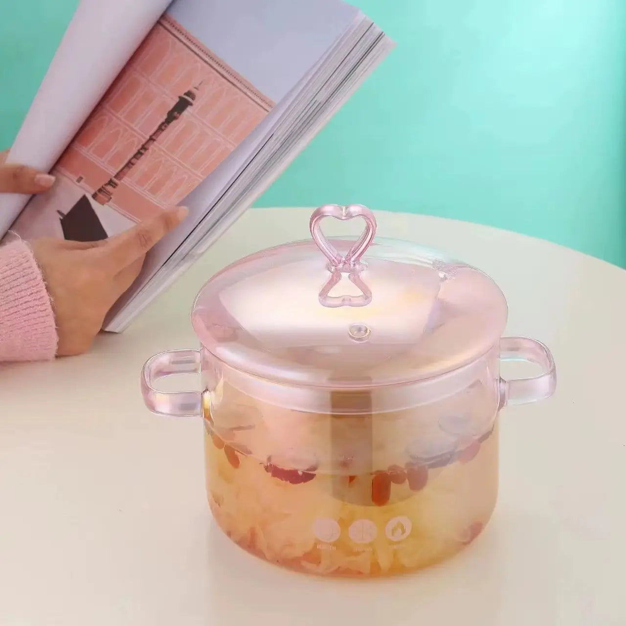 Pink Transparent Cooking Pot with Heart Lid Heat Resistant Glass Pot