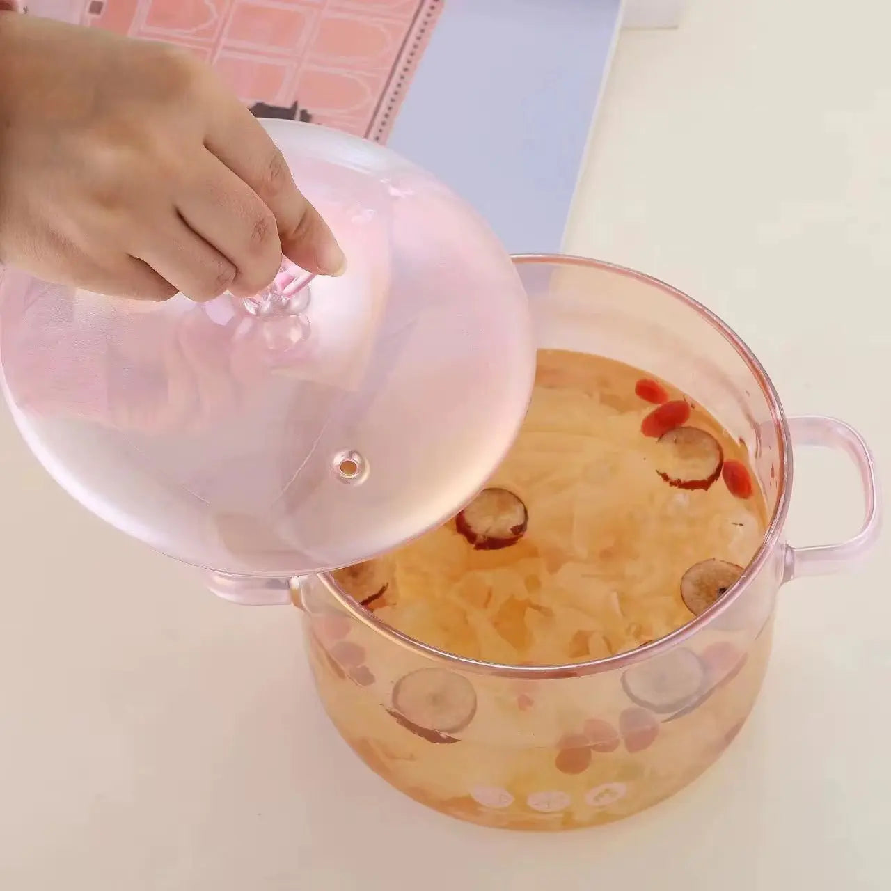 Pink Transparent Cooking Pot with Heart Lid Heat Resistant Glass Pot