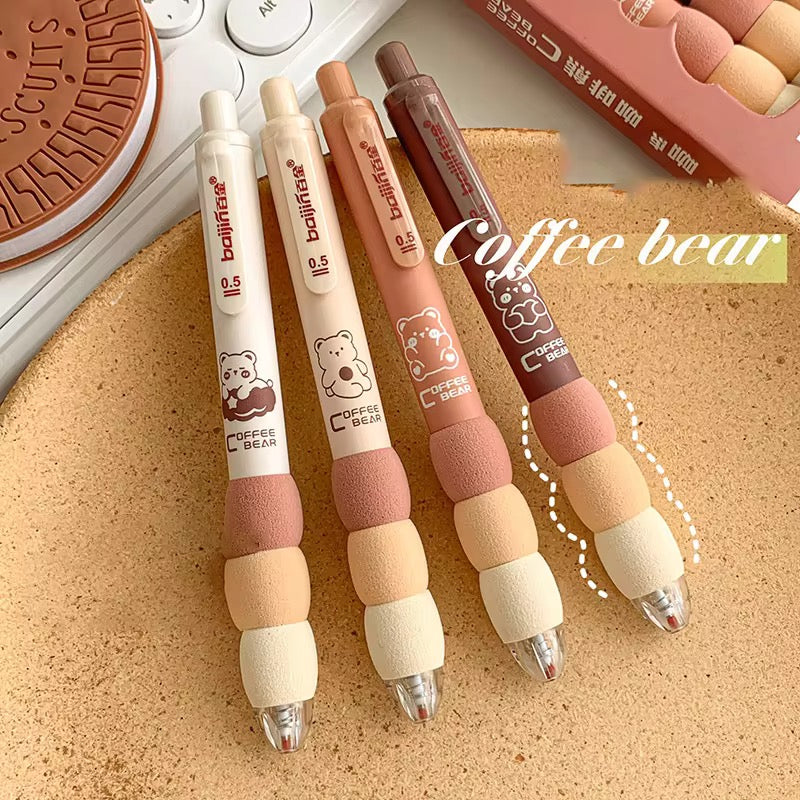 4 Pcs Cute Gel Pens Aesthetic Retractable Pens Cartoon Bear Soft Grip Pen 0.5mm Black Ink Pen