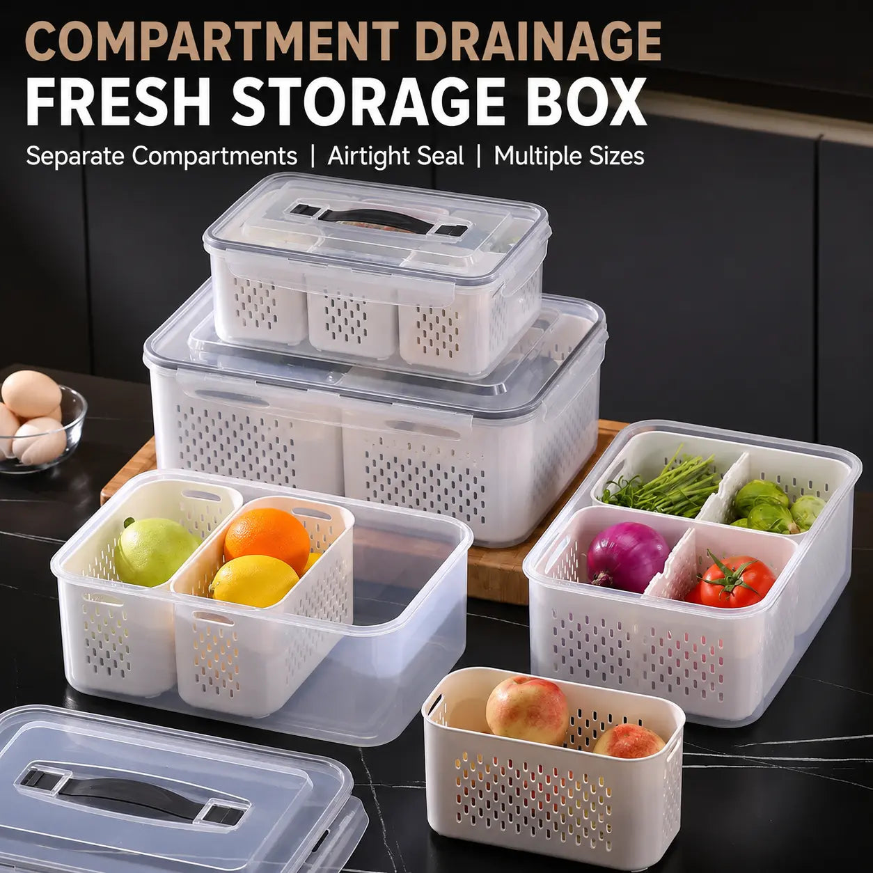Airtight 3-Grid Fresh Food Storage Box with Removable Baskets