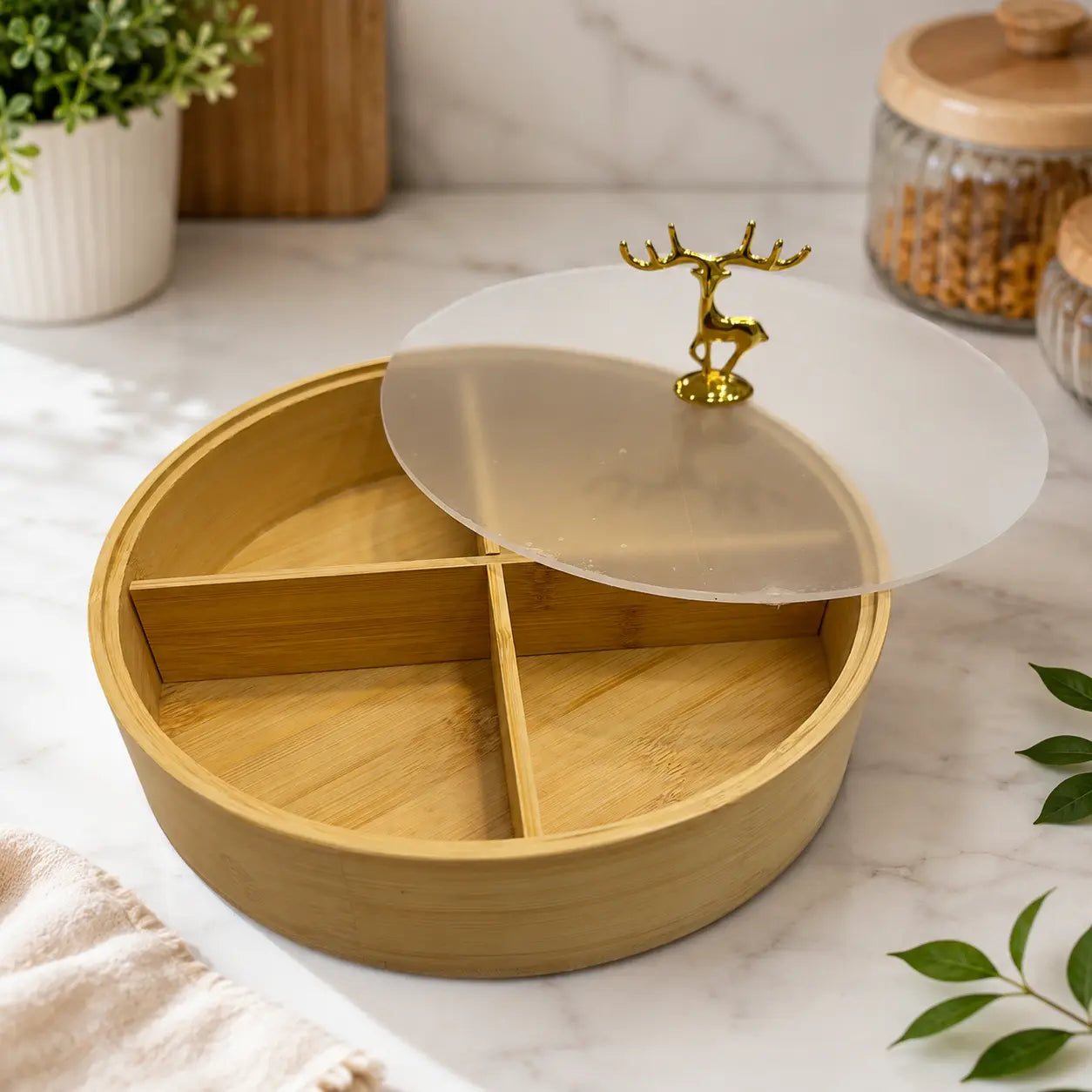 Round Bamboo Dry Fruit & Snack Serving Box with 4 Compartments & Lid