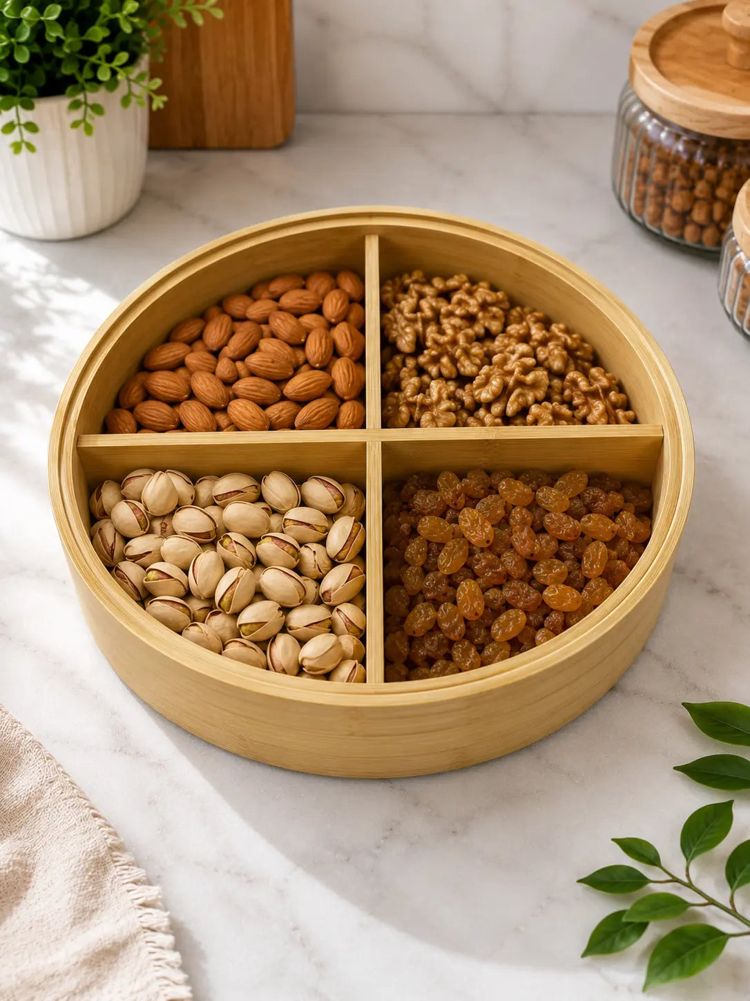Round Bamboo Dry Fruit & Snack Serving Box with 4 Compartments & Lid