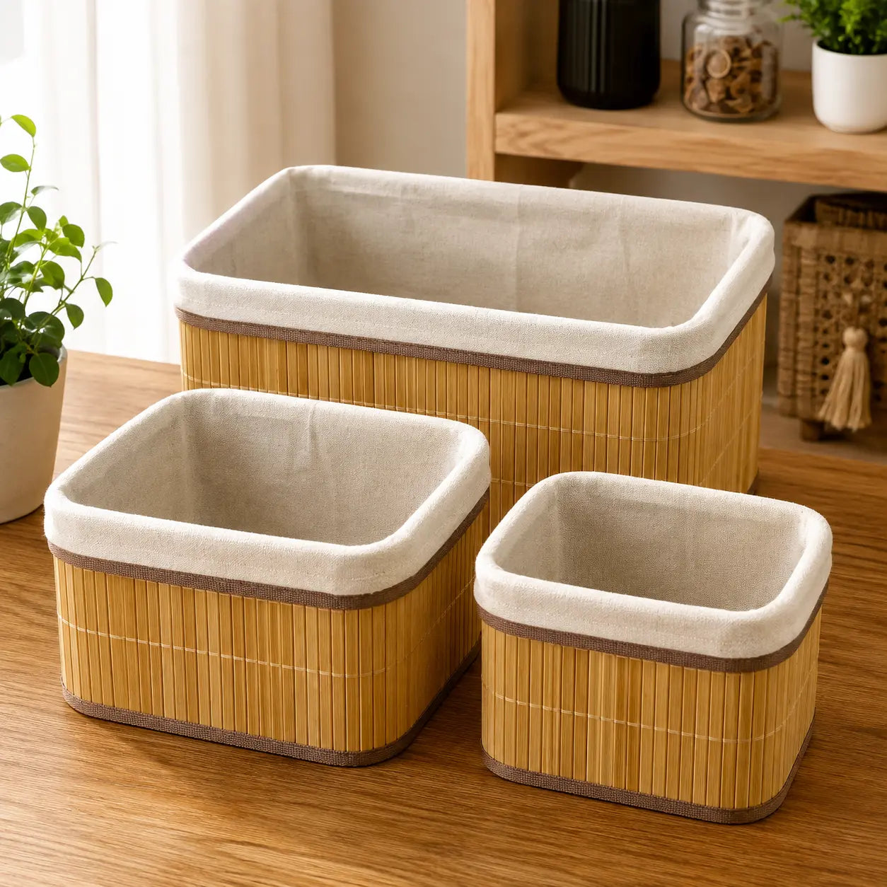 3-Piece Rectangular Bamboo Storage Basket Set with Fabric Lining