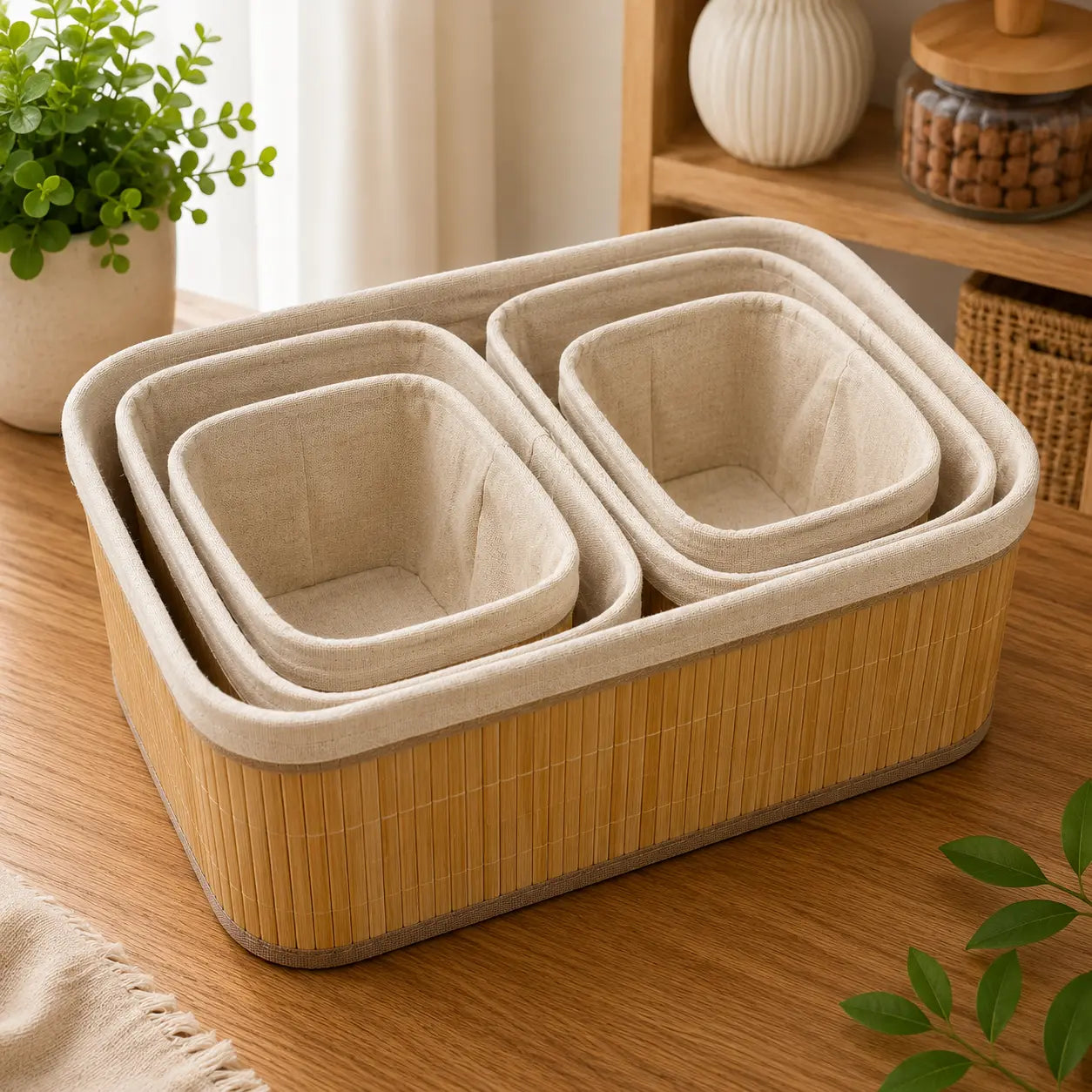 3-Piece Rectangular Bamboo Storage Basket Set with Fabric Lining