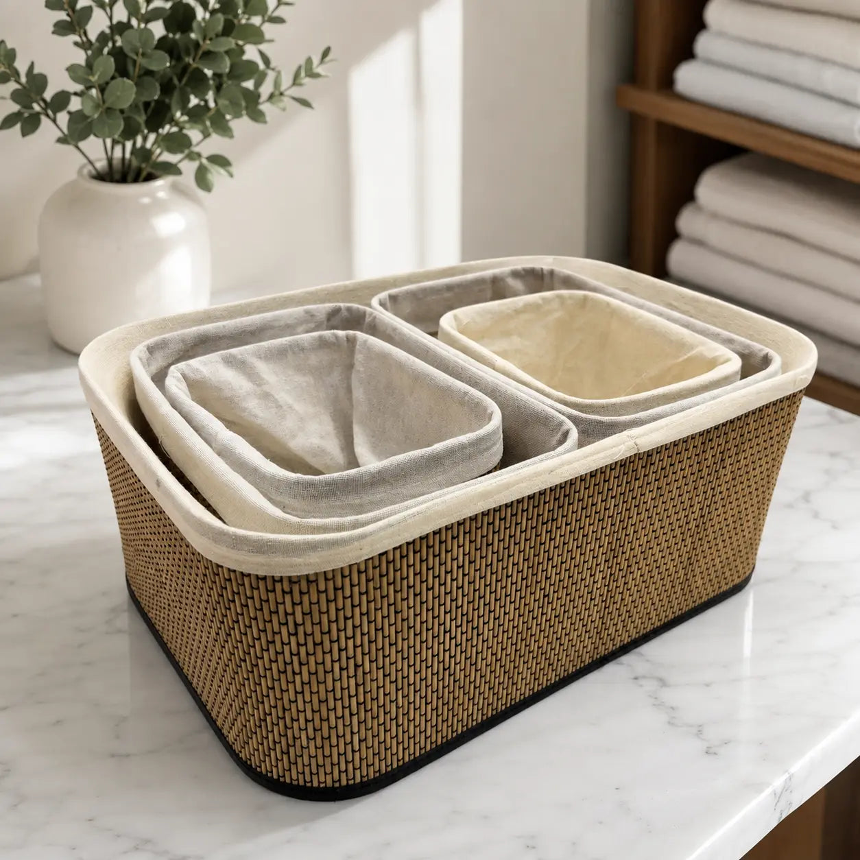 3-Piece Woven Bamboo Storage Basket Set with Fabric Lining