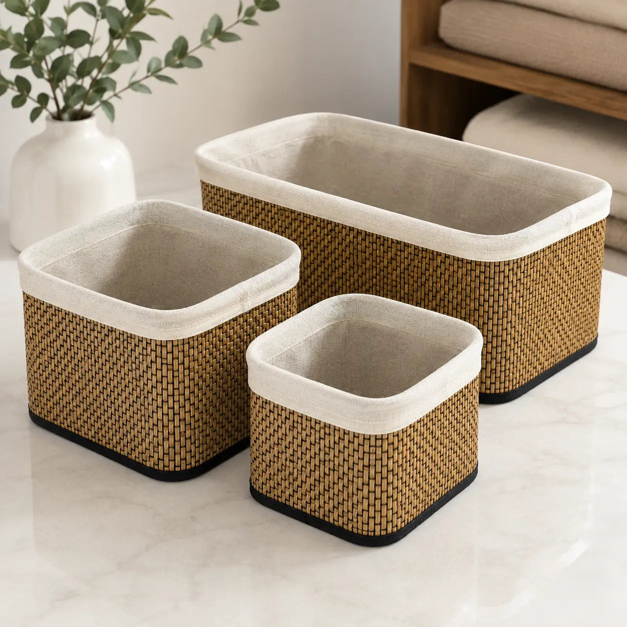 3-Piece Woven Bamboo Storage Basket Set with Fabric Lining
