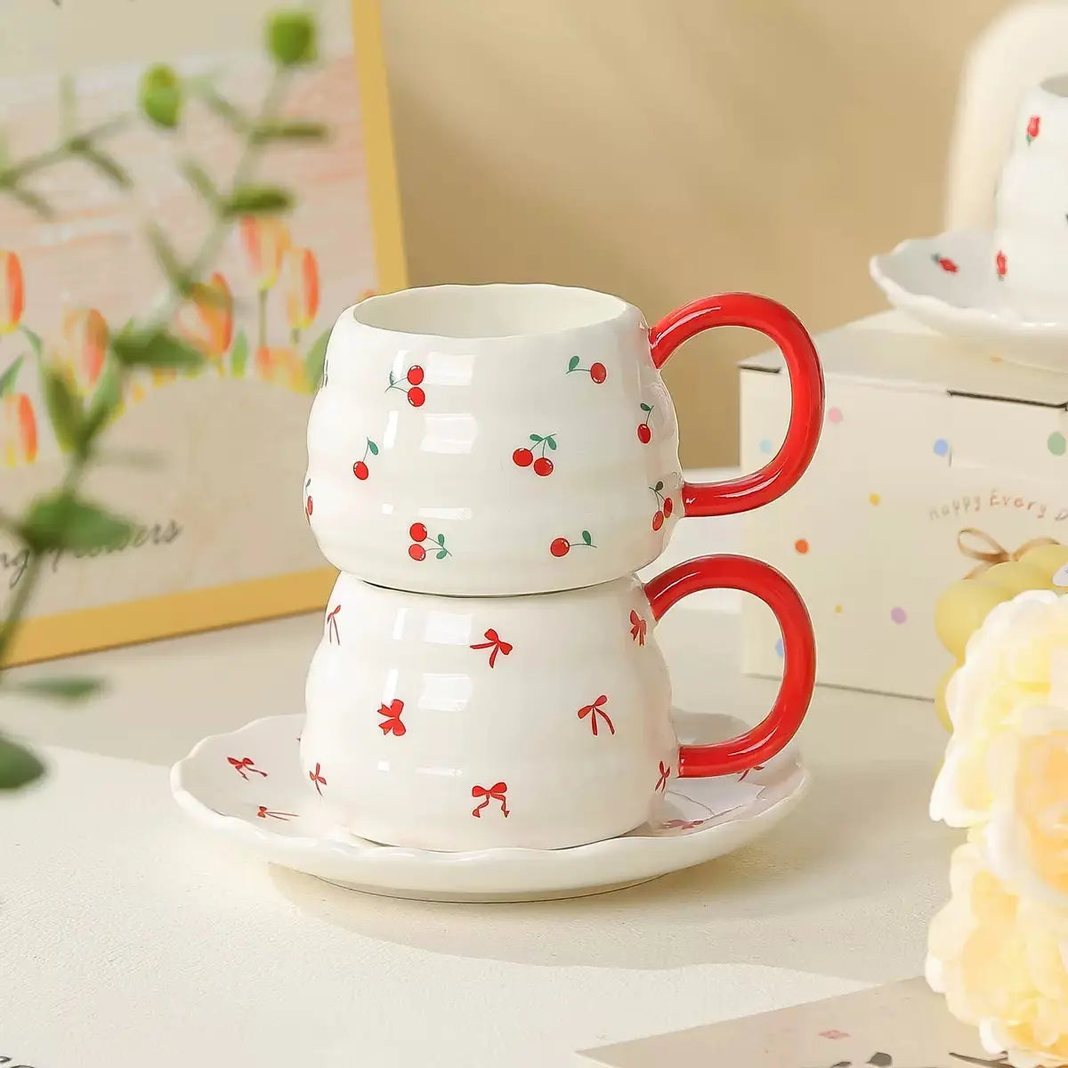 Cute Red Handle Ceramic Coffee Cup with Saucer