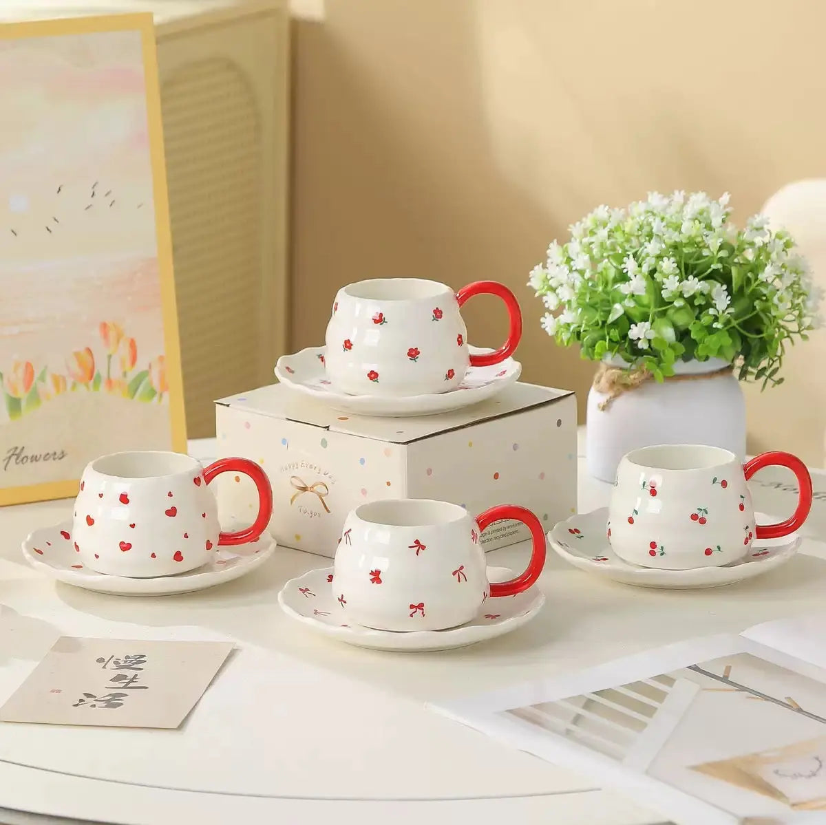 Cute Red Handle Ceramic Coffee Cup with Saucer