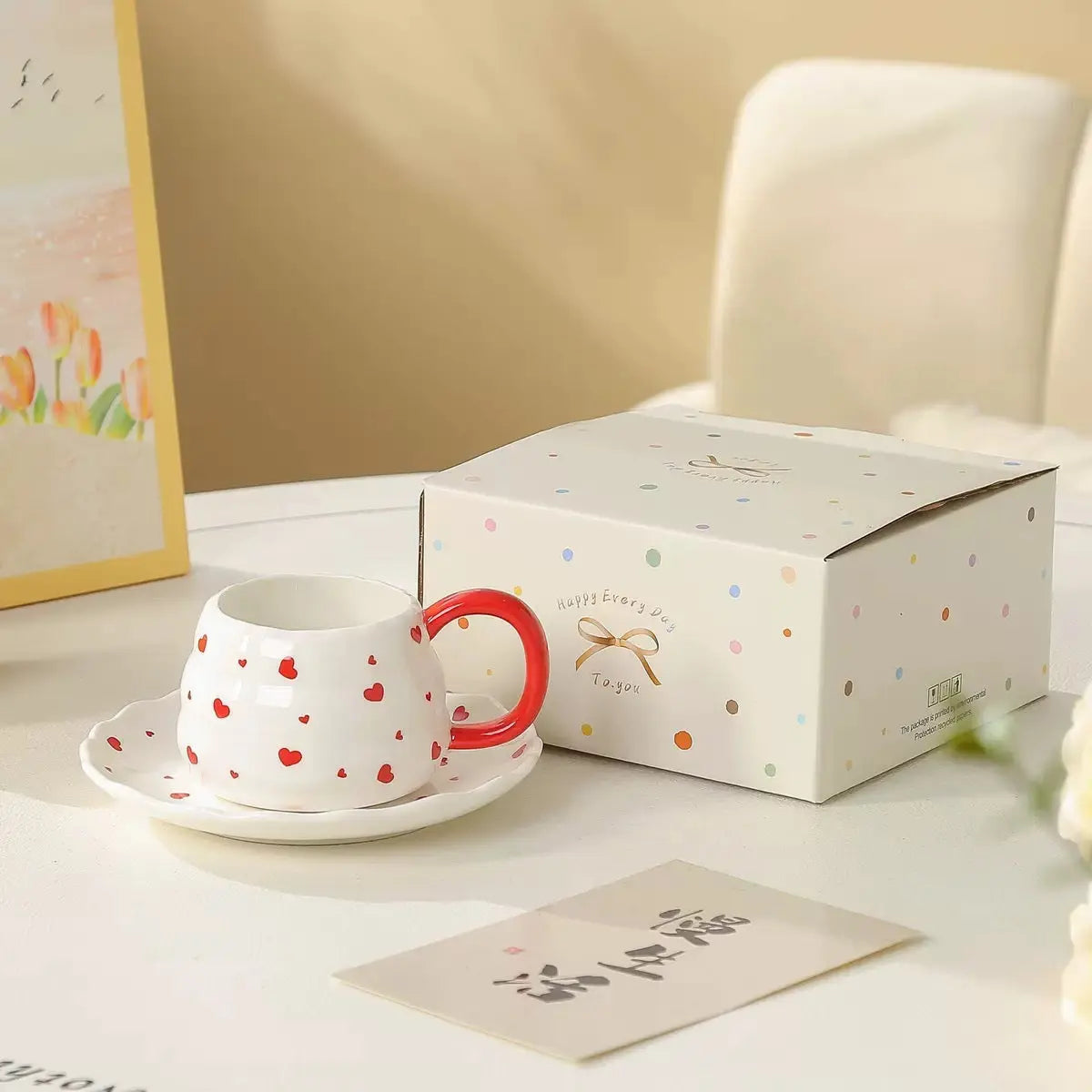 Cute Red Handle Ceramic Coffee Cup with Saucer