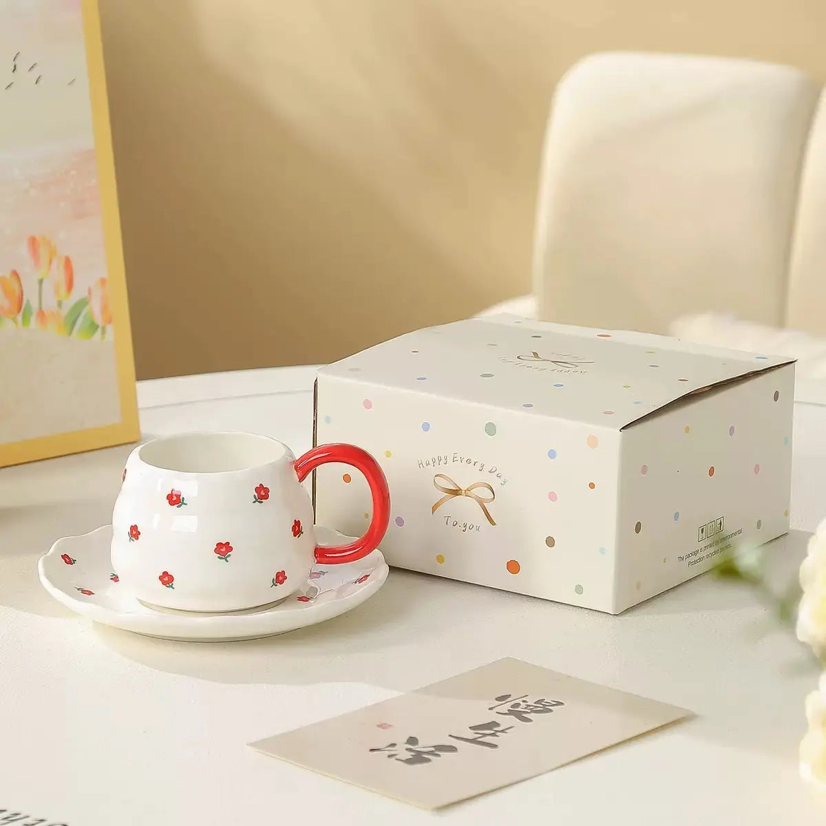 Cute Red Handle Ceramic Coffee Cup with Saucer