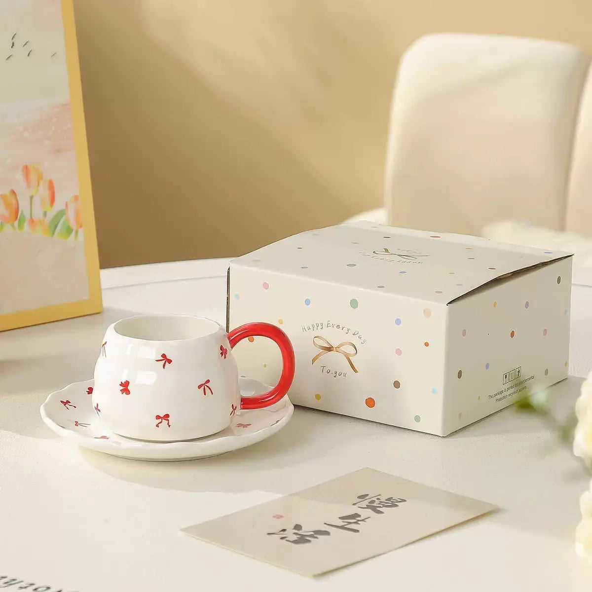 Cute Red Handle Ceramic Coffee Cup with Saucer