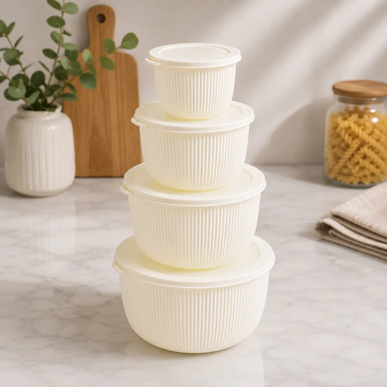 4-Piece Round Food Storage Bowl Set with Lids Stackable Design