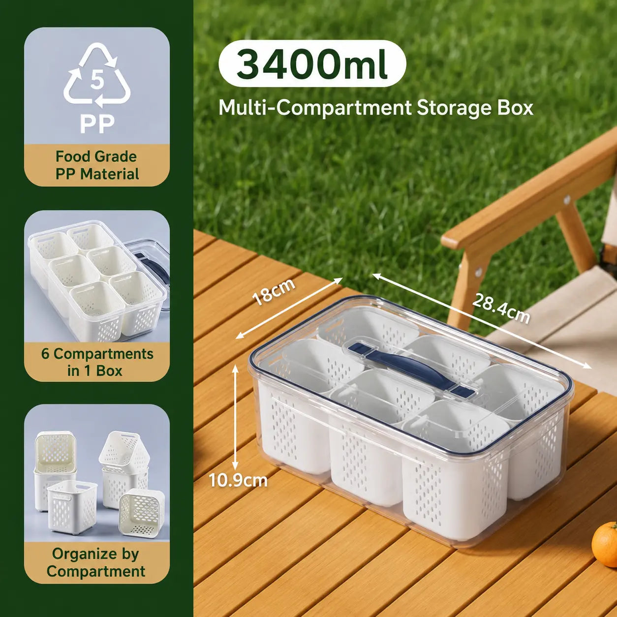 3400ml Multi-Compartment Food Storage Box with 6 Removable Baskets