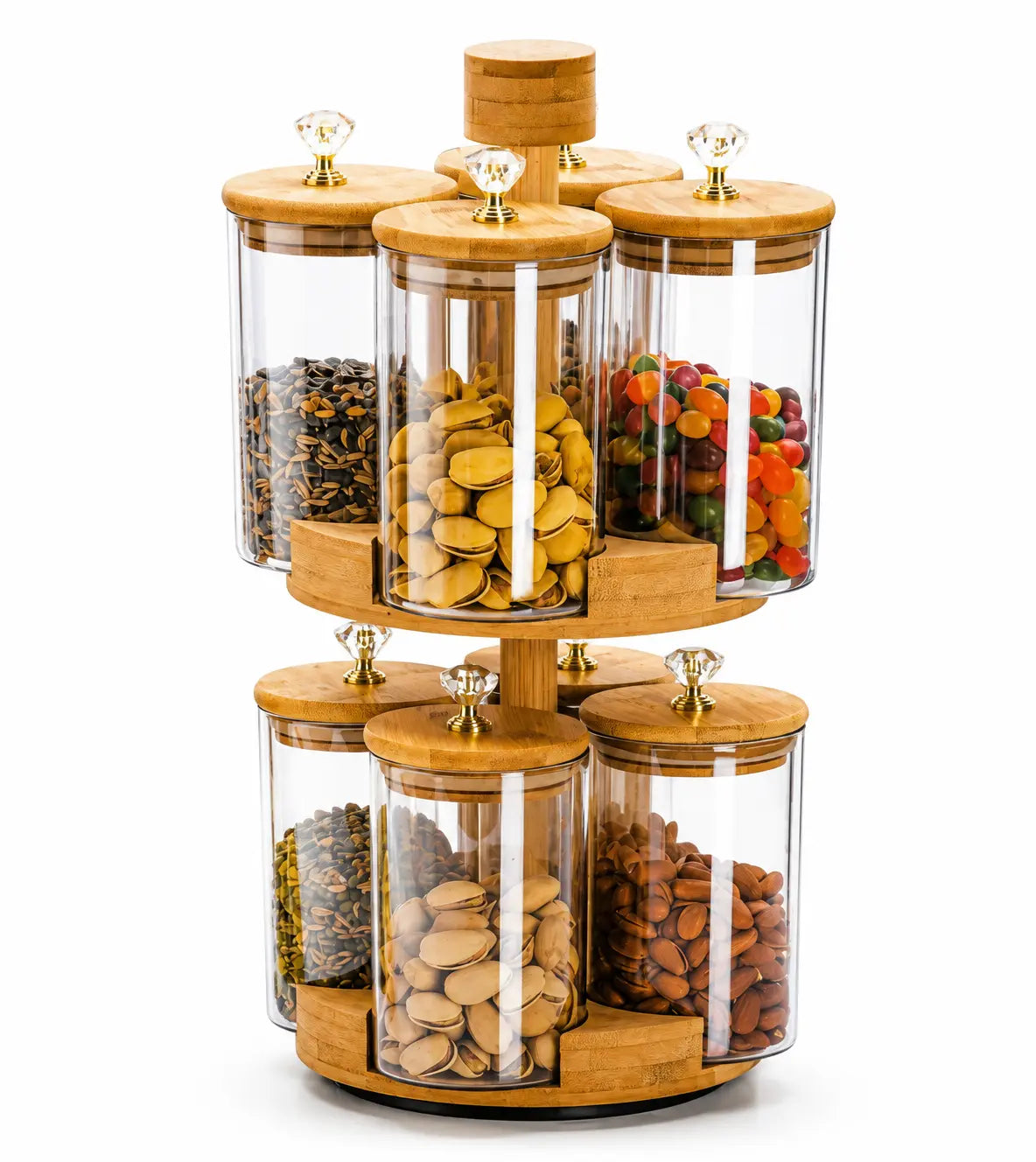 8-Piece Rotating Glass Storage Jar Set with Bamboo Stand & Crystal Knobs