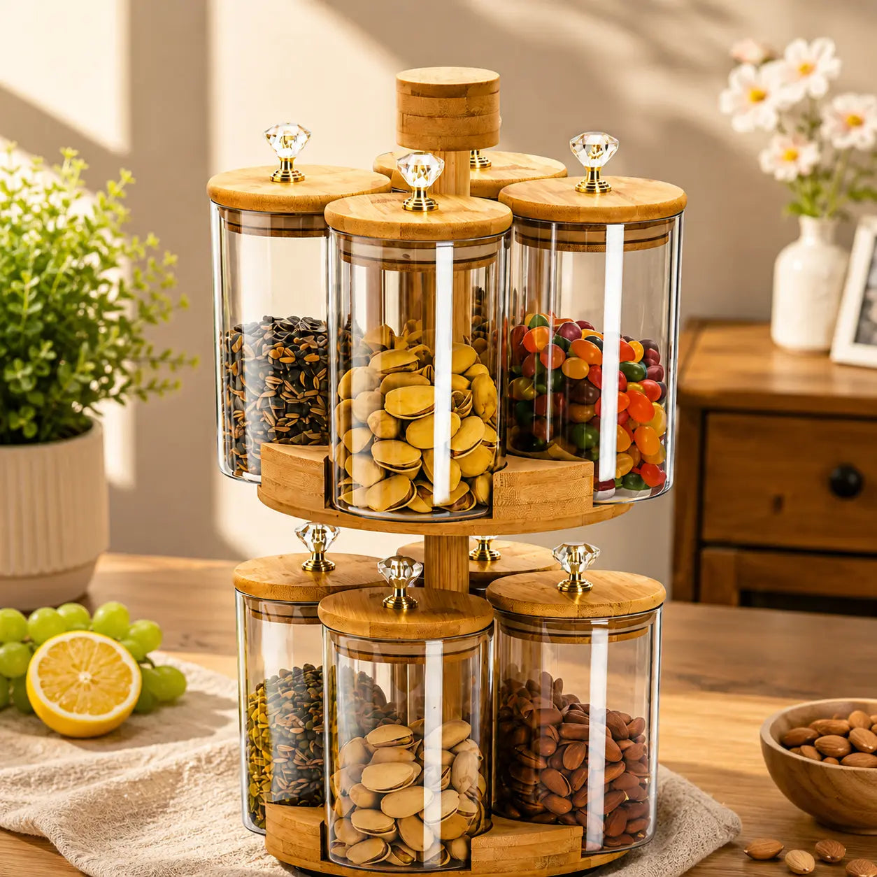8-Piece Rotating Glass Storage Jar Set with Bamboo Stand & Crystal Knobs