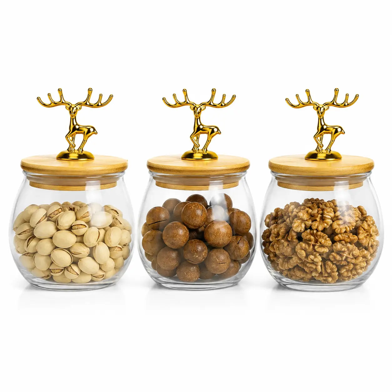 3-Piece Glass Dry Fruit Storage Jar Set with Bamboo Lids & Golden Deer Handles
