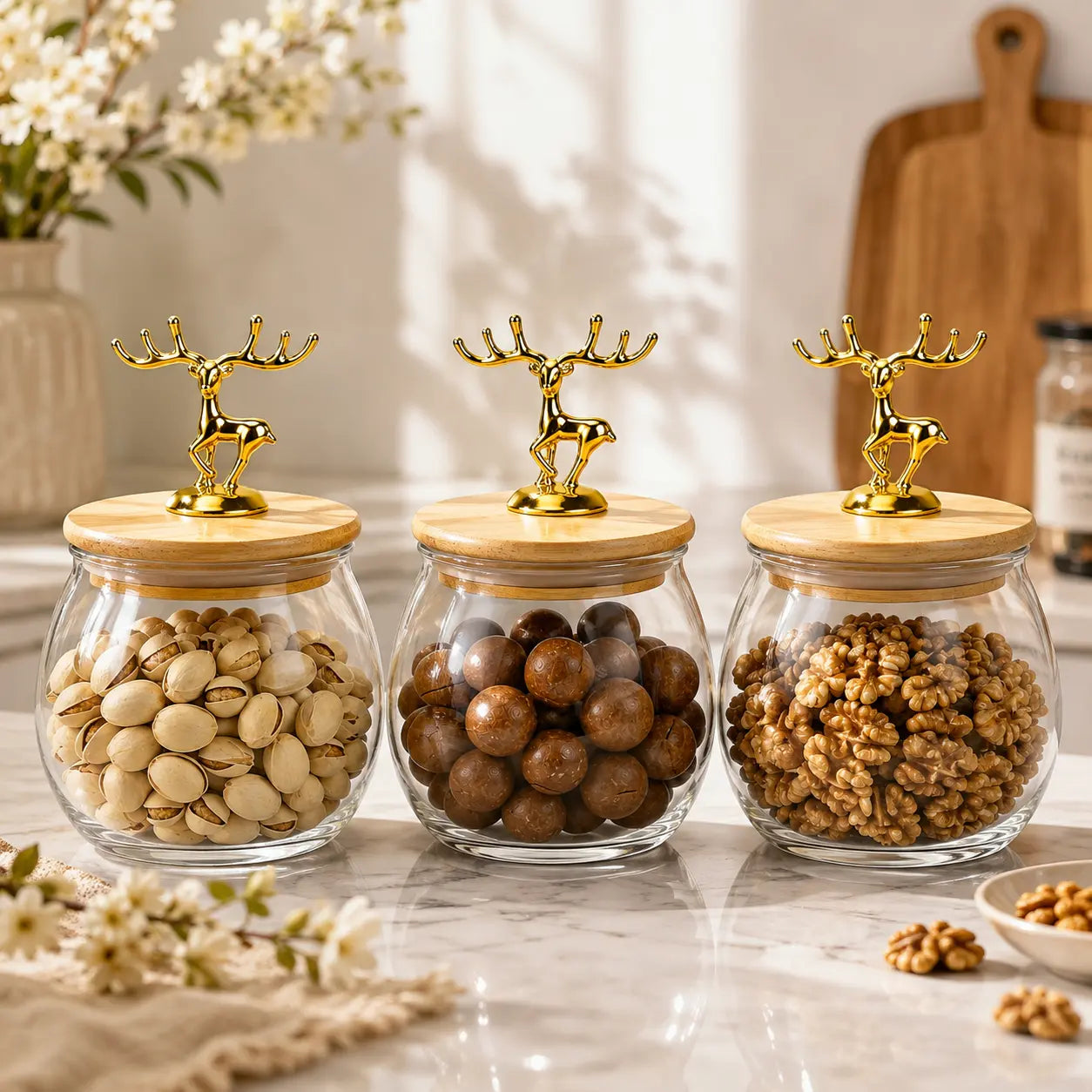 3-Piece Glass Dry Fruit Storage Jar Set with Bamboo Lids & Golden Deer Handles