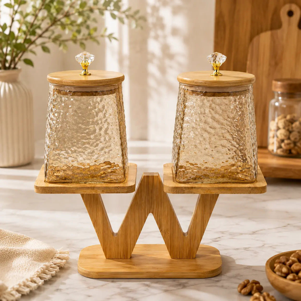 2-Piece Textured Glass Storage Jar Set with W-Shape Bamboo Stand