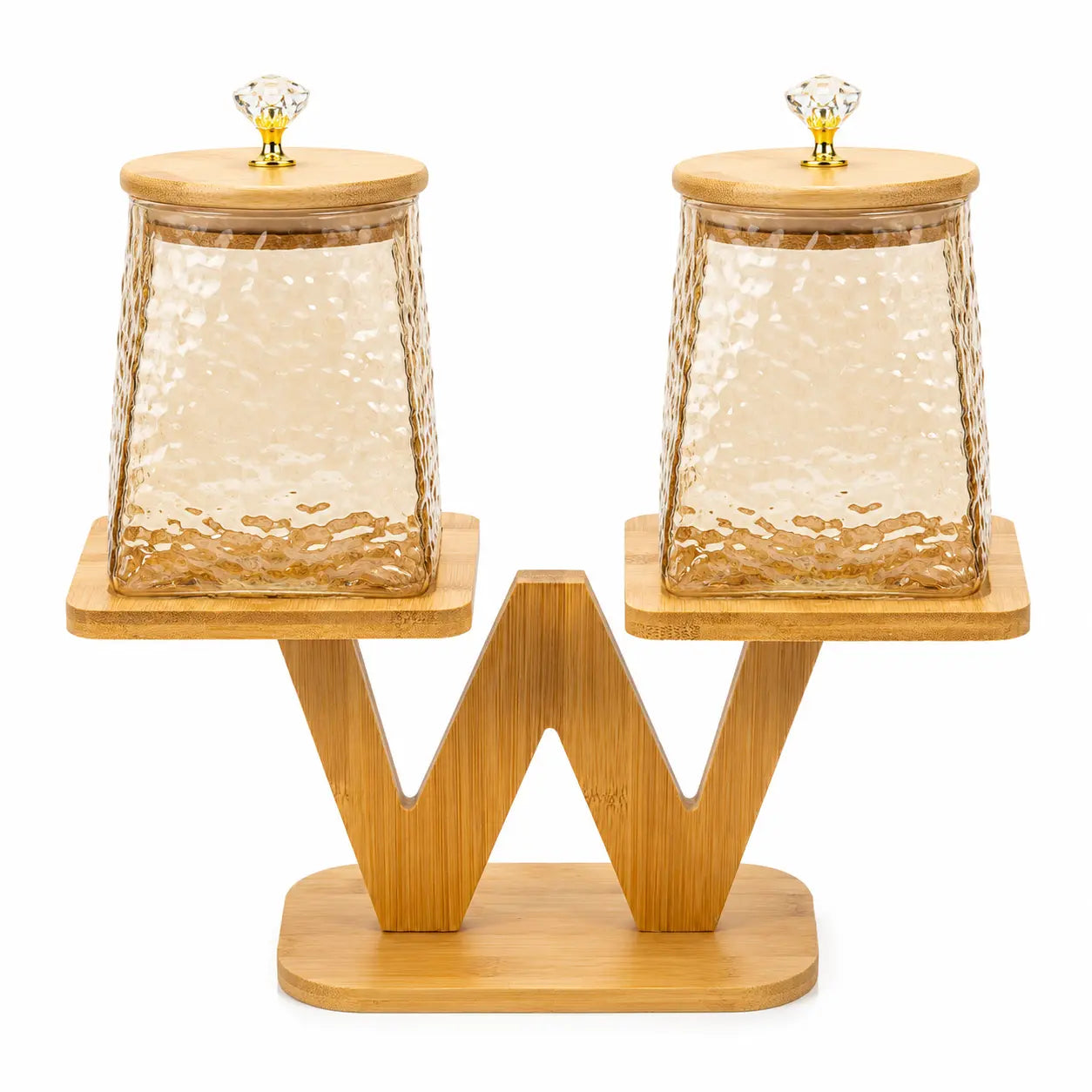 2-Piece Textured Glass Storage Jar Set with W-Shape Bamboo Stand