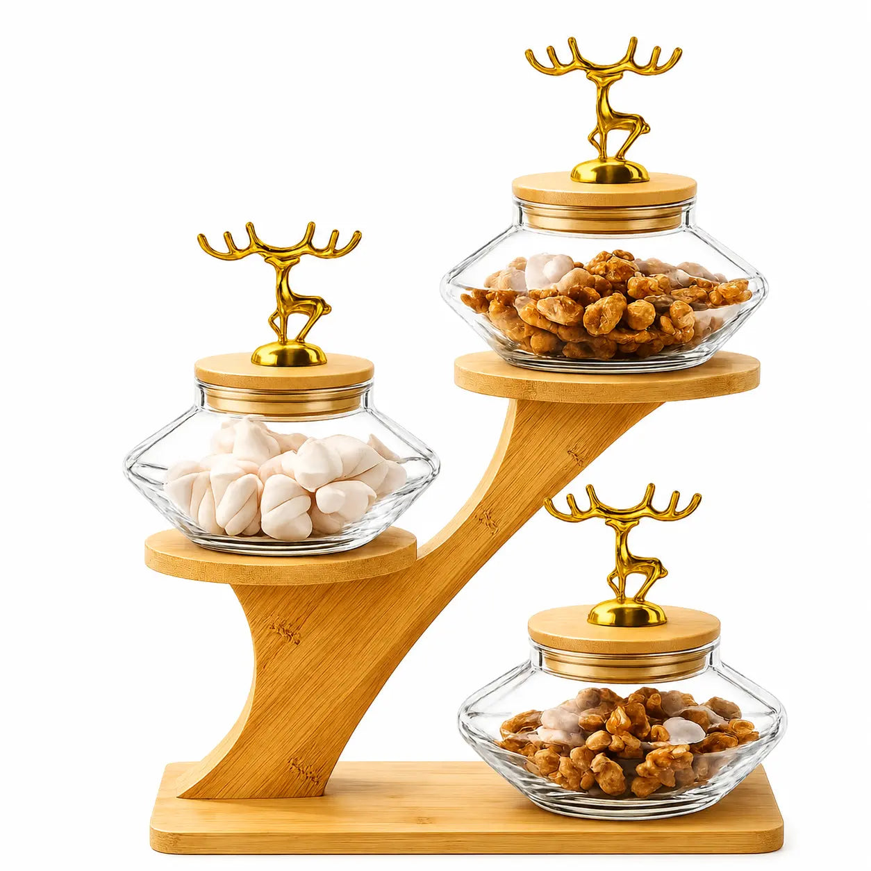 3-Piece Luxury Glass Dry Fruit Jar Set with Bamboo Stand & Golden Deer Handles