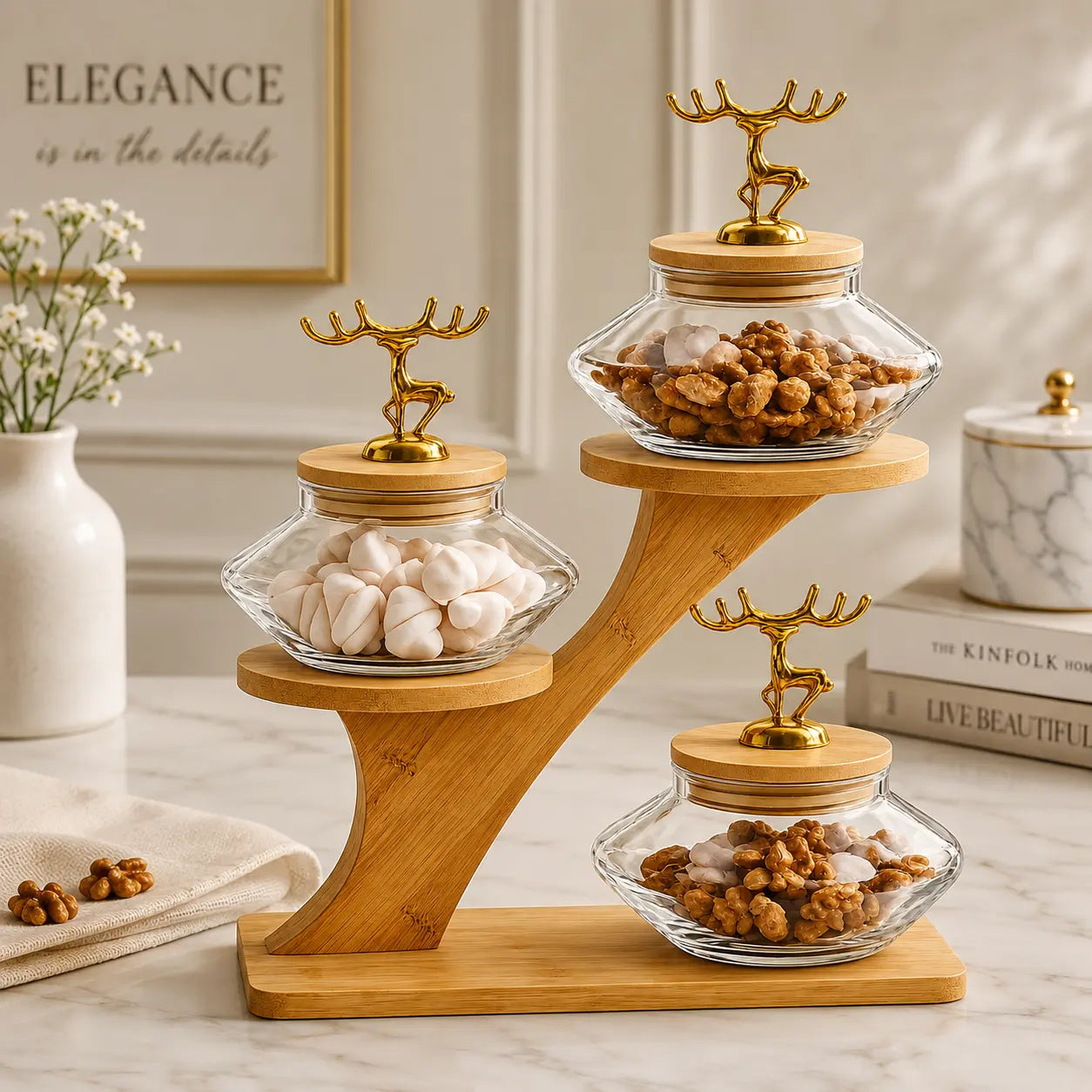 3-Piece Luxury Glass Dry Fruit Jar Set with Bamboo Stand & Golden Deer Handles