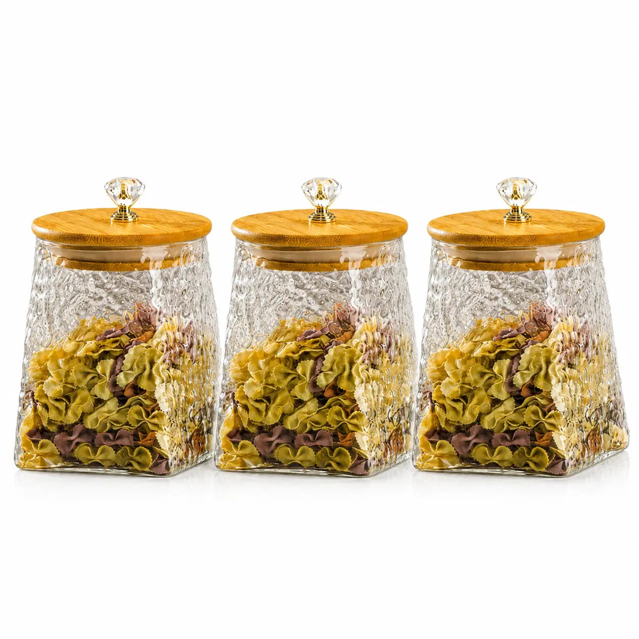 3-Piece Textured Glass Storage Jar Set with Bamboo Lids & Crystal Knobs
