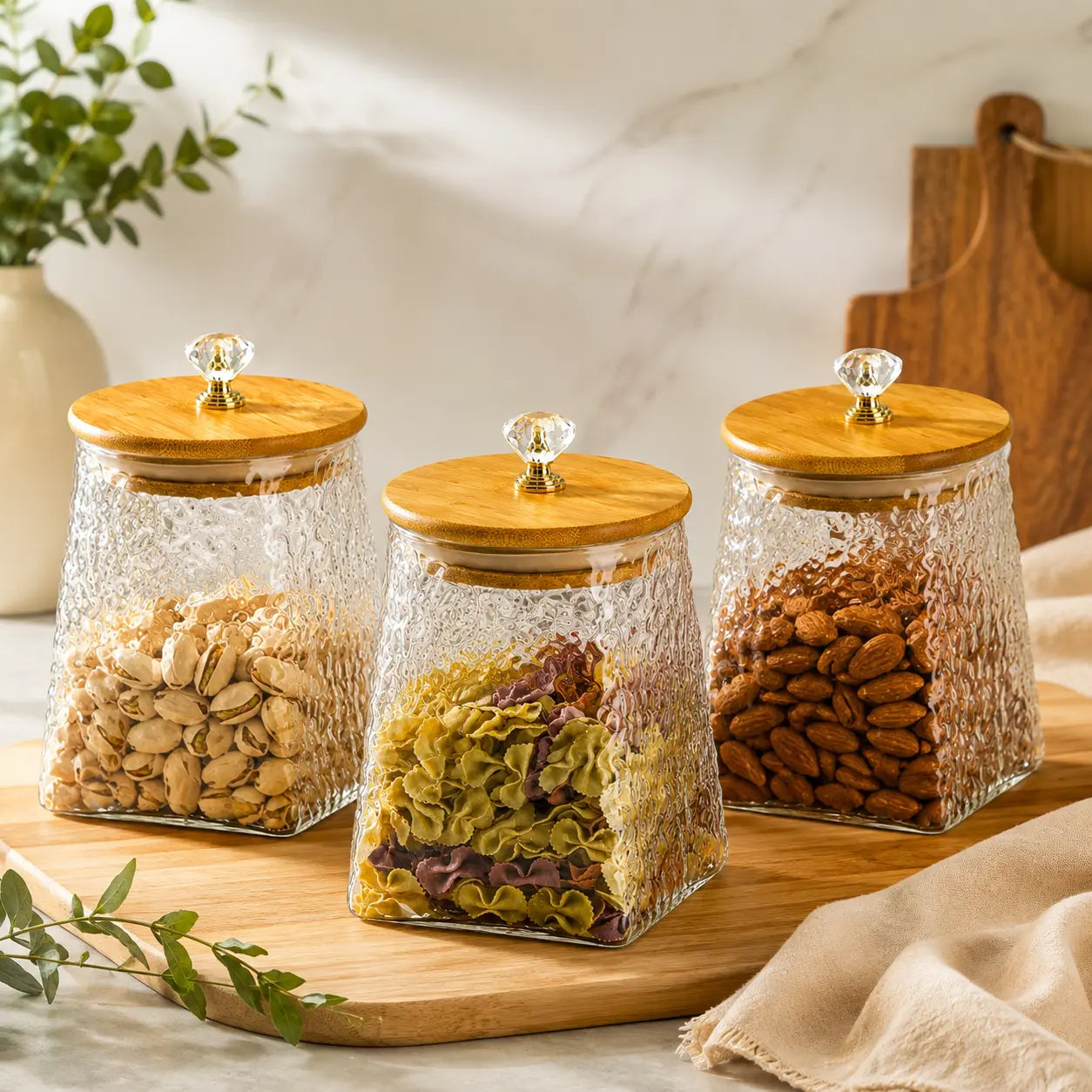 3-Piece Textured Glass Storage Jar Set with Bamboo Lids & Crystal Knobs