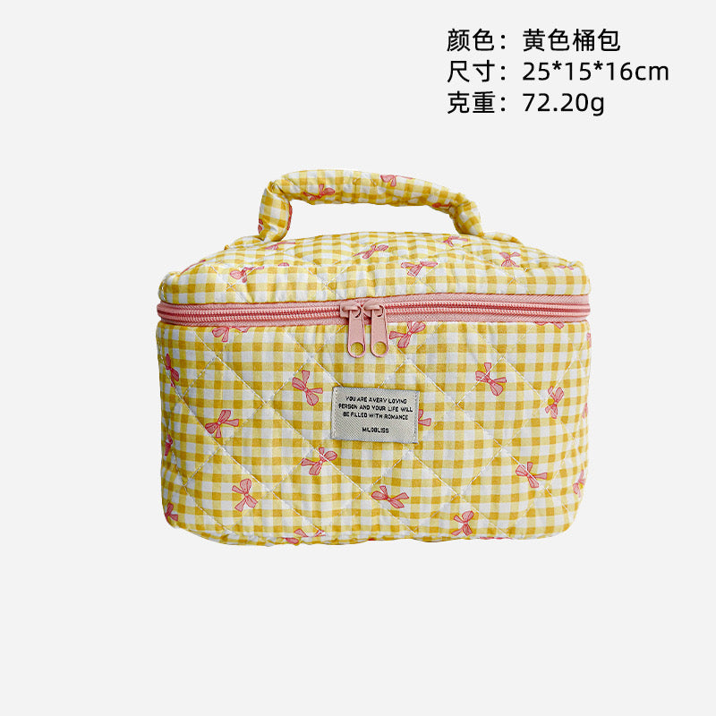 Check & Bow Printed Soft Cosmetic Travel Bag