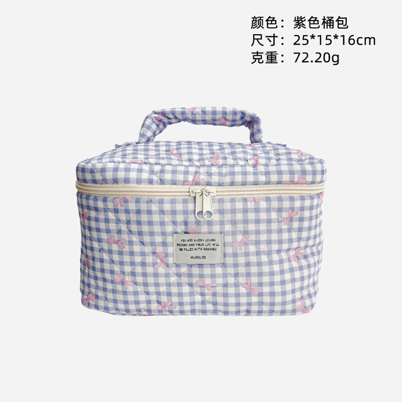 Check & Bow Printed Soft Cosmetic Travel Bag