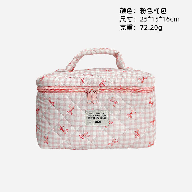 Check & Bow Printed Soft Cosmetic Travel Bag