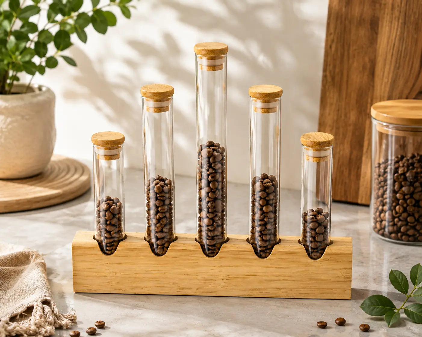 5-Piece Glass Tube Spice & Coffee Storage Jar Set with Bamboo Stand