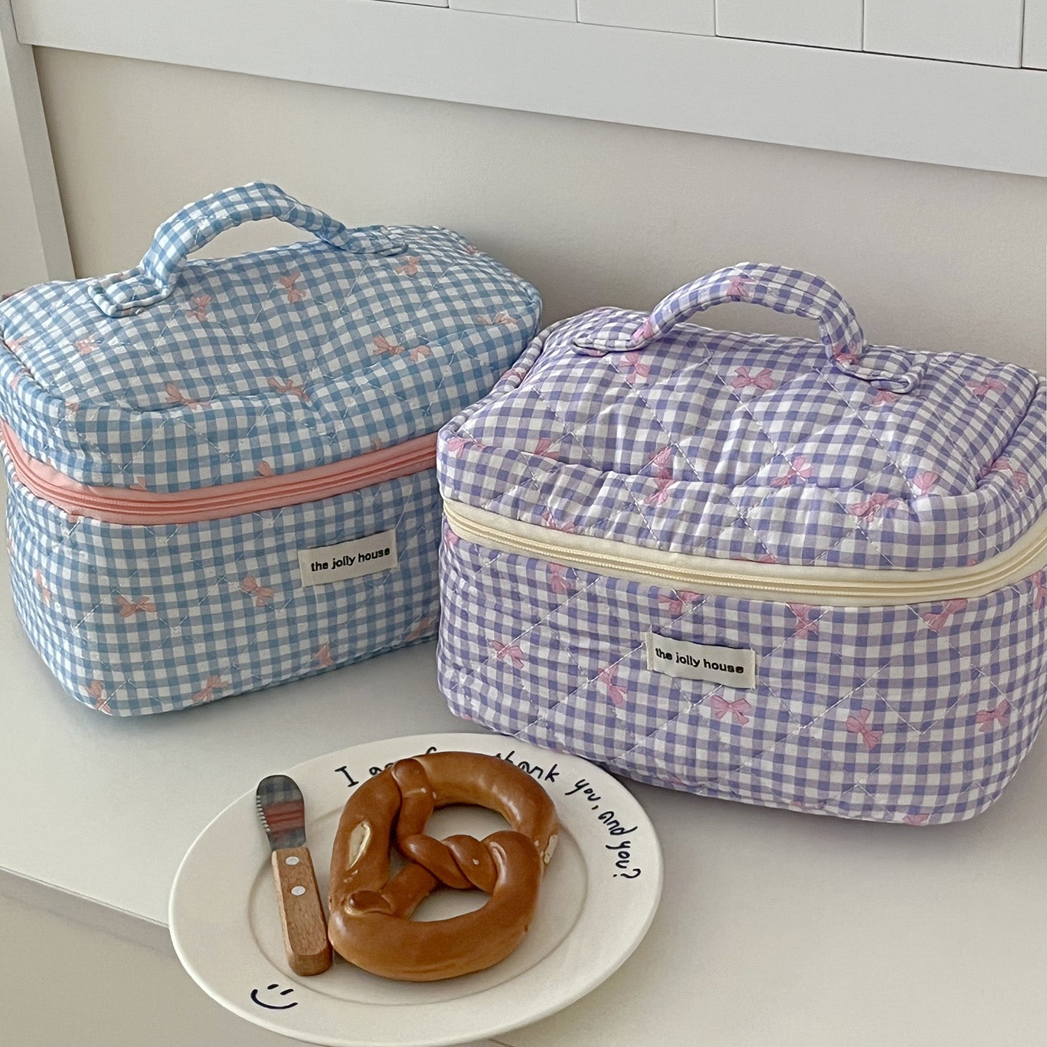 Check & Bow Printed Soft Cosmetic Travel Bag