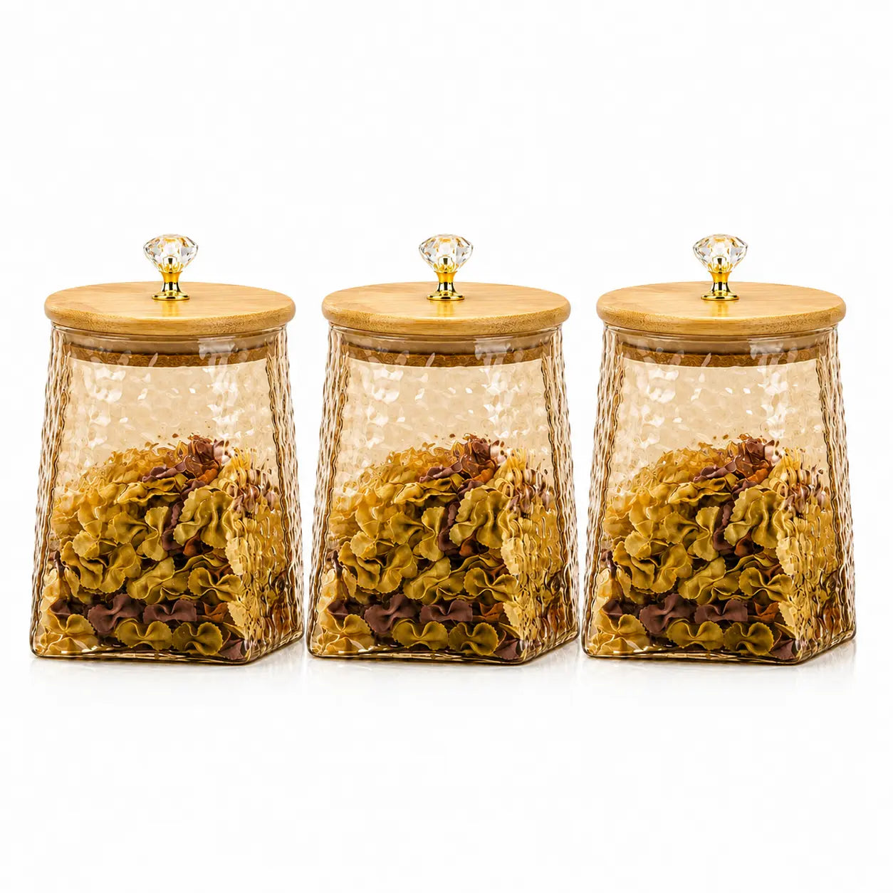 3-Piece Premium Textured Glass Storage Jar Set with Bamboo Lids & Crystal Knobs