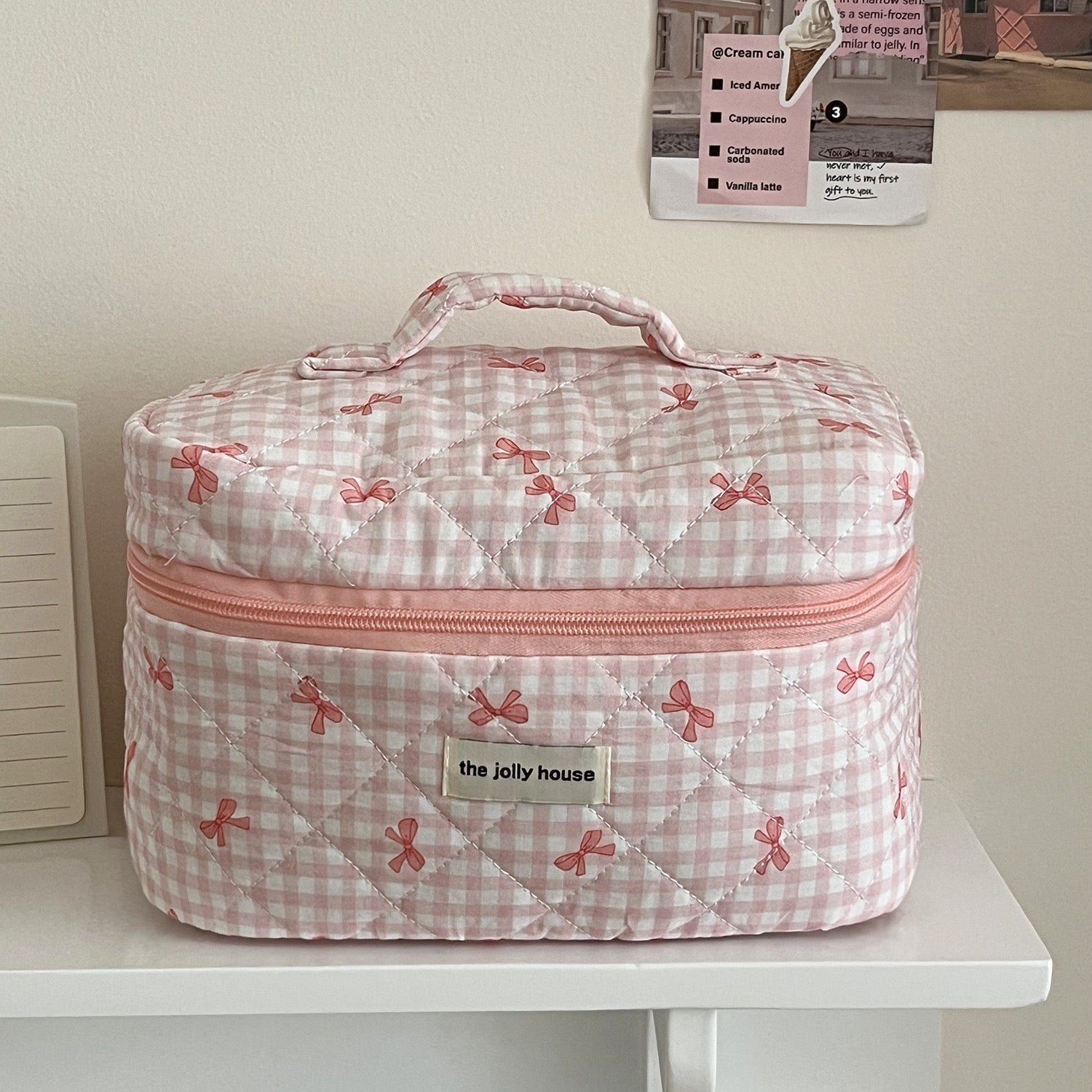 Check & Bow Printed Soft Cosmetic Travel Bag