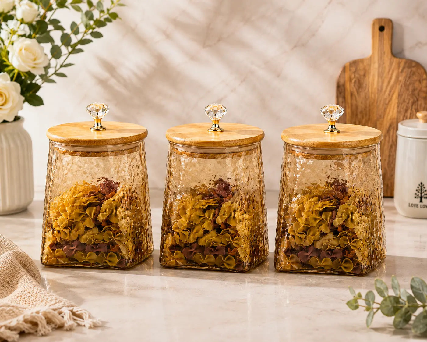 3-Piece Premium Textured Glass Storage Jar Set with Bamboo Lids & Crystal Knobs